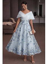 abordables Vestidos de cóctel-Corte A Hasta el Tobillo Vestidos de coctel Elegante Vintage Floral Manga Corta Hombros Caídos Fiesta de jardin Boda Organdí Tul Espalda desnuda con Estampado flor Flor bordada Plisado