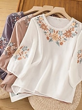  Blusa Bordada Feminina Floral Estilosa Casual Manga 3/4 Gola Redonda Tops Regulares Dia a Dia Branca Rosa Cinza Verão Primavera