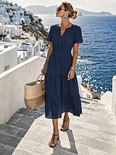  Per donna Abito Midi 100% cotone Abito a trapezio Abito con balze Elegante Quotidiano Vacanza Vestibilità comoda Colore Puro Manica Corta Scollo a V Bianco Nero Rosa Blu scuro Estate Primavera Autunno