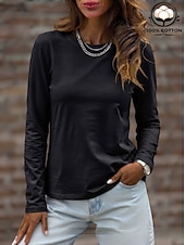  Mulheres 100% Algodão Camiseta Camisetas Côr Sólida Clássico Casual Manga Longa Gola Redonda Tops regulares Casual Diário Azul Branco Preto Rosa Cinza Claro Primavera Primavera / Outono / Inverno