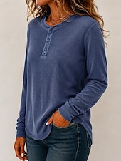  Women's Waffle Shirt Washed Cotton Pullover Solid Color Casual Long Sleeve Henry Collar Regular Tops Casual Black Dark Green Brick red Dark Blue Beige Fall Winter