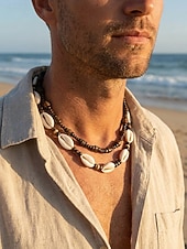 abordables Bijoux pour hommes-Collier bohème de plage pour homme, à plusieurs rangs, perles de bois &amp;Collier double rang de coquillages, idéal pour les vacances d'été, les séjours en station balnéaire, les festivals, les voyages