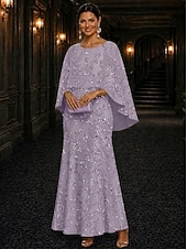 preiswerte Knöchellänge-A-Linie Kleid Bodenlang Knöchellänge Cocktailkleid Brautmutterkleid Langarm Rundausschnitt Elegant luxuriös Glanz &amp; Glamour Formell Hochzeitsgast Semi-Formal Spitze mit Perlenstickerei Paillette