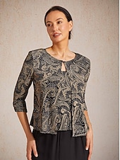 baratos Blusas Elegantes-Mulheres camisa Boho Blusa Tops elegantes Purpurina Estampado Cashemere Elegante à moda Manga 3/4 Gola Redonda Tops regulares Diário Trabalho Convidado do casamento Preto Verão Primavera Outono