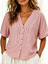  Per donna Blusa Pizzo Semplice Elegante Casual Manica Corta Scollo a V Top Regolari Casuale Quotidiano Bianco Rosa Verde Estate Primavera