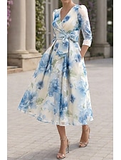 baratos Vestidos de Cocktail-Linha A Até o Tornozelo Longuette Vestido floral Vestidos de cocktail Elegante Floral Semi-formal / Coquetel Manga 3/4 Decote V Festa de Jardim Casamento Organza Jacquard com Estampa floral Pregas