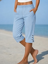  Mulheres Jeans Ganga Calças Capri chinês Férias Básico Casual Comprimento do joelho Cintura Média Tecido Bolsos Cintura elástica Conforto Respirável Diário Ao ar livre Férias Azul Preto Azul Marinha