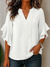  Mulheres Blusa Textura Frufru Patchwork Côr Sólida Elegante 3/4 de Manga Decote V Tops longos Casual Diário Branco Preto Vinho Azul Céu Roxo Verão Primavera