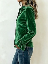  Mulheres Veludo camisa de botão Camisa casual Frufru Patchwork Botões Côr Sólida Vintage Manga Longa Colarinho de Camisa Casual Preto Rosa Vermelho Azul Marinha Verde Outono Inverno