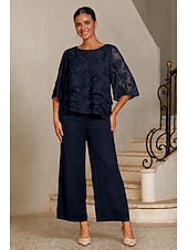  Mulheres Blusas Gola Redonda Meia Manga Mangas Evasê Casual Diário Mãe da noiva Convidado do casamento com Esgotamento Floral Bainha com babados em camadas Azul Marinho Escuro