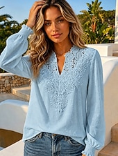  Per donna Blusa Tessuto Semplice Elegante Casual Manica Lunga Scollo a V Top Regolari Casuale Quotidiano Blu Bianco Rosso Estate Primavera
