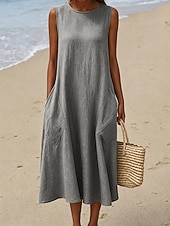  rochie midi pentru femei buzunare fără mâneci siluetă în formă de linie casual decolteu rotund alb de vară versatil potrivire regulată îmbrăcăminte confortabilă, ușoară, respirabilă