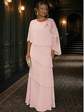 baratos Comprimento do chão-Linha A Vestidos Longo Vestido Para Mãe dos Noivos Meia Manga Scoop pescoço Elegante Vintage Luxuoso Formal Convidado do casamento Semi formal Chiffon Renda Xales com Miçangas Apliques Babados em