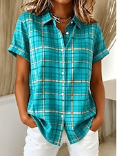 economico Bluse a righe e geometriche-Per donna Camicia Bottoni Stampato Grafico Plaid A righe Vintage Quotidiano Elegante Manica Corta Colletto a Camicia Top lunghi Casuale Quotidiano Rosa Verde Azzurro Estate Primavera