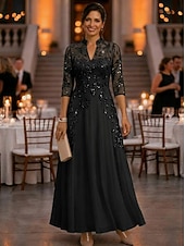 cheap Ankle Length-A-Line Ankle Length Mother of the Bride Dress 3/4 Length Sleeve V Neck Elegant Vintage Luxurious Formal Wedding Guest Wedding Party Chiffon Tulle with Beading Sequin Flower