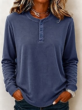  Women's Waffle Shirt Washed Cotton Pullover Solid Color Casual Long Sleeve Henry Collar Regular Tops Casual Black Dark Green Brick red Dark Blue Beige Fall Winter