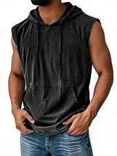 halpa Débardeurs-Men's Tank Top Vest Top Undershirt 100% Cotton Acid Wash Shirt Sleeveless Hooded Summer Plain Fashion Designer Basic Pocket Plain Casual Vacation Street Blue Black Navy Blue Top Tee for Men