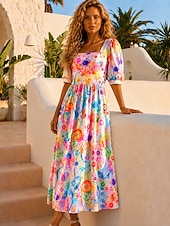  Per donna Abito Midi Abito a trapezio Vacanza Casual Spiaggia Ferie Vestibilità regolare Floreale Grafico Mezza Manica Collo quadrato Rosa Verde Estate Primavera