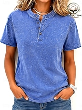 cheap Plain tee-SoftFade™ Women's 100% Cotton Henley Shirt Vintage Fashion Stylish Short Sleeve Regular Tops Casual Beach Blue Khaki Black Purple Orange Spring
