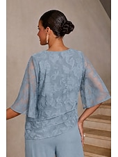  Mulheres Blusas Gola Redonda Meia Manga Mangas Evasê Casual Diário Mãe da noiva Formal com Esgotamento Floral Bainha com babados em camadas Azul empoeirado