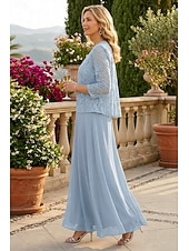 preiswerte Mamas Kleidersets-Zweiteilig A-Linie Bodenlang Kleid für Hochzeitsgäste Brautmutterkleid Dreiviertelarm U-Boot-Ausschnitt Elegant Einfach Minimalistisch Formell Hochzeitsgast Chiffon mit Spitze