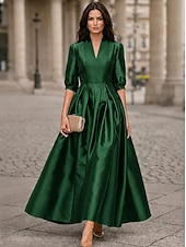 abordables Vestidos de cóctel-Corte A Hasta el Tobillo Vestidos de coctel Elegante Diario Media Manga Escote en Pico Boda Formal Tafetán Tejido elástico con Plisado