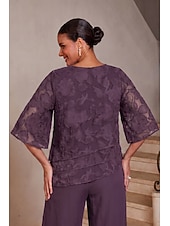  Mulheres Blusas Gola Redonda Meia Manga Mangas Evasê Casual Diário Mãe da noiva Convidado do casamento com Esgotamento Floral Bainha com babados em camadas Ameixa
