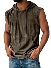 halpa Débardeurs-Men's Tank Top Vest Top Undershirt 100% Cotton Acid Wash Shirt Sleeveless Hooded Summer Plain Fashion Designer Basic Pocket Plain Casual Vacation Street Blue Black Navy Blue Top Tee for Men