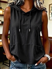  canotta da donna senza maniche con cappuccio, coulisse sul cappuccio, doppie tasche frontali, orlo curvo, vestibilità morbida e ampia, gilet sportivo estivo casual