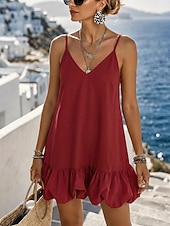  Per donna Mini abito Abito Boho Abito con balze Vintage Quotidiano Vacanza Vestibilità comoda Colore Puro Senza Maniche Scollo a V Rosso violaceo Giallo Rosa Blu marino Estate