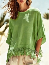  Women's Blouse Fringe Plain Stylish Casual Half Sleeve Crew Neck Regular Tops Casual Daily Blue White Green Summer Spring