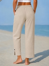  Damen Leinenhosen Freizeithose Abgeschnittene Hose Chino Volle Länge Natürliche Taille Einfach Einfarbig Tasche Bequem Komfort Unelastisch Urlaub Formell Alltagstauglich Blau Weiß Hellgrau Khaki