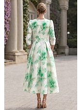 baratos Vestidos de Cocktail-Linha A Até o Tornozelo Longuette Vestido floral Vestidos de cocktail Elegante Floral Semi-formal / Coquetel Manga 3/4 Decote V Festa de Jardim Casamento Organza Jacquard com Estampa floral Pregas