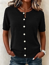  Per donna Cardigan Maglione a maglia Elegante Quotidiano A Coste Girocollo Bottoni Maniche Corte Top lunghi Maglia Lavoro Ferie Nero Fucsia Estate Autunno