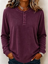 Women's Waffle Shirt Washed Cotton Pullover Solid Color Casual Long Sleeve Henry Collar Regular Tops Casual Black Dark Green Brick red Dark Blue Beige Fall Winter