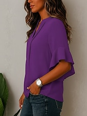 Mulheres Blusa Textura Frufru Patchwork Côr Sólida Elegante 3/4 de Manga Decote V Tops longos Casual Diário Branco Preto Vinho Azul Céu Roxo Verão Primavera