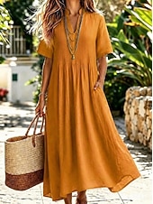  Women's Midi Dress Sundress A Line Dress Summer Dress Vacation Casual Boho Daily Holiday Summer Dress Plain Short Sleeve V Neck Blue Navy Yellow Fuchsia Summer Spring