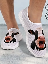  Witte instapschoenen voor heren met koeiengezichtprint en een ademend bovenwerk van honingraatvormig mesh. &Lichtgewicht EVA-buitenzool, casual sneakers voor dagelijkse wandelingen, strand en vissen.