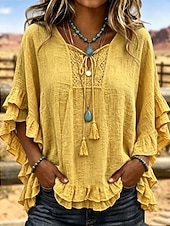  Damenbluse im Boho-Stil mit Rüschen, einfarbig, für Urlaub, halblange Ärmel, V-Ausschnitt, normale Passform, lässig, weiß, gelb, hellblau, khaki, smaragdgrün, Sommer/Herbst