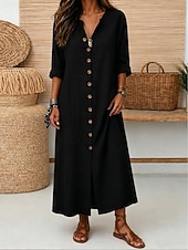  Damen Maxikleid Leinenkleider Vintage Täglich Lässiger Schnitt Einfarbig Langarm V Ausschnitt Weiß Schwarz Gelb Rote Sommer