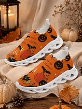  oransje Halloween slip-on strikkede sneakers til dame, lette tursko med gresskartrykk og pustende, polstret såle for kostymefester og turer på landet. &hverdagsbruk