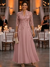 cheap Ankle Length-A-Line Ankle Length Mother of the Bride Dress 3/4 Length Sleeve V Neck Elegant Vintage Luxurious Formal Wedding Guest Wedding Party Chiffon Tulle with Beading Sequin Flower