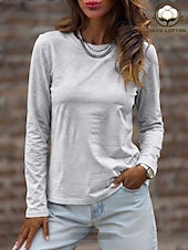  Mulheres 100% Algodão Camiseta Camisetas Côr Sólida Clássico Casual Manga Longa Gola Redonda Tops regulares Casual Diário Azul Branco Preto Rosa Cinza Claro Primavera Primavera / Outono / Inverno