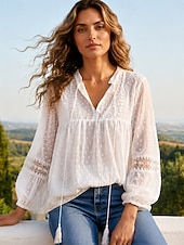  Mulheres Blusa Textura Renda Tecido à moda Casual Manga Longa Decote V Tops regulares Casual Diário Branco Verão Primavera