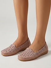 cheap Women's Flats-Women's Pink Floral Perforated Slip-On Shoes, Breathable Hollow Cutout Flat Shoes with Scalloped Edge, Soft Cushioned Insole &amp; Flexible Anti-Slip Sole for Countryside Strolls, Shopping &amp; Daily Leisure