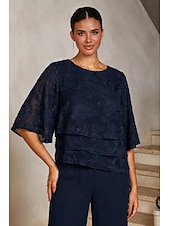  Mulheres Blusas Gola Redonda Meia Manga Mangas Evasê Casual Diário Mãe da noiva Convidado do casamento com Esgotamento Floral Bainha com babados em camadas Azul Marinho Escuro