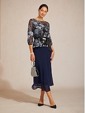 voordelige Kant Tops-Dames Geklede topjes Geborduurd Illusie Kant Elegant 3/4 mouw Strakke ronde hals Avond Feest Bruiloft gast Semi formeel Zwart Lente Herfst Winter