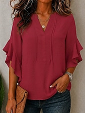 Mulheres Blusa Textura Frufru Patchwork Côr Sólida Elegante 3/4 de Manga Decote V Tops longos Casual Diário Branco Preto Vinho Azul Céu Roxo Verão Primavera