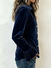  Mulheres Veludo camisa de botão Camisa casual Frufru Patchwork Botões Côr Sólida Vintage Manga Longa Colarinho de Camisa Casual Preto Rosa Vermelho Azul Marinha Verde Outono Inverno