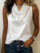  Per donna Top in raso camicetta di raso Top in raso con scollo all'americana Tinta unica Semplice Elegante Vacanza Vintage Senza Maniche Scollo a Cascata Top Regolari Casuale Ufficio Bianco Nero
